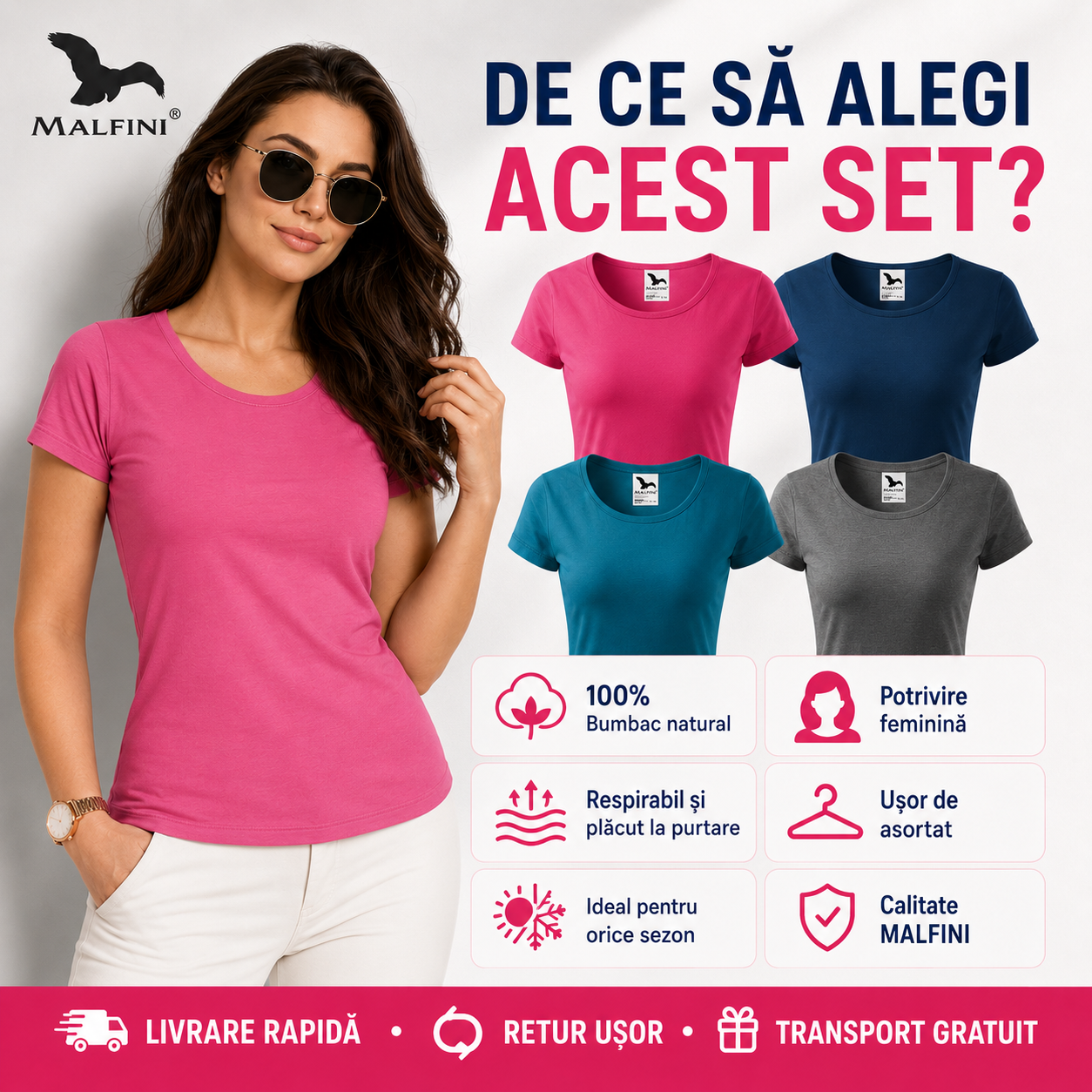Set 4 tricouri damă 100% bumbac roz albastru petrol gri &icirc;nchis albastru regal transport gratuit